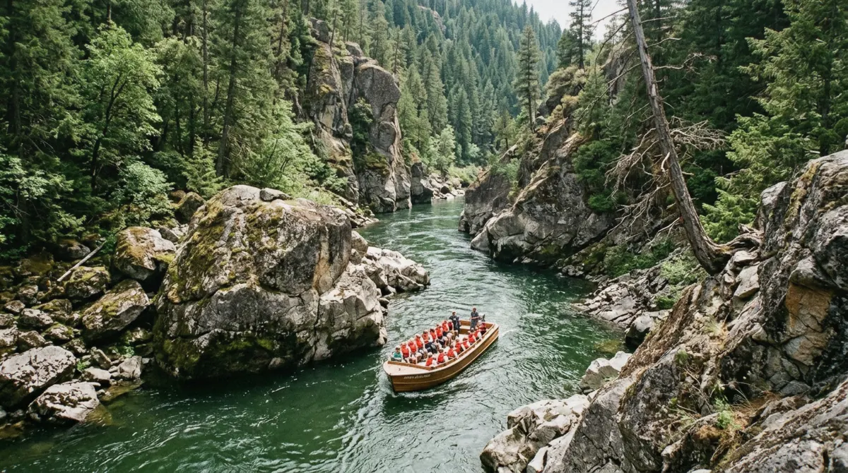 Wooden sightseeing boat rounding a rock bend between forested cliffs on the Hozugawa river boat ride through the Hozukyo Gorge