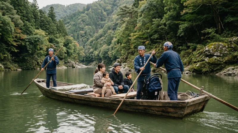 Private chartered wooden boat with a small group passing forested cliffs on the Hozugawa river boat ride near Arashiyama Kyoto