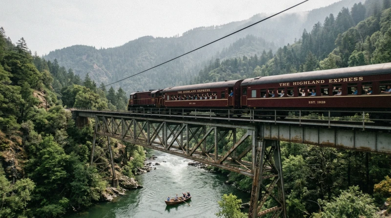 Sagano Romantic Train crossing the Hozukyo Gorge above the Hozugawa river boat ride route between Kameoka and Arashiyama